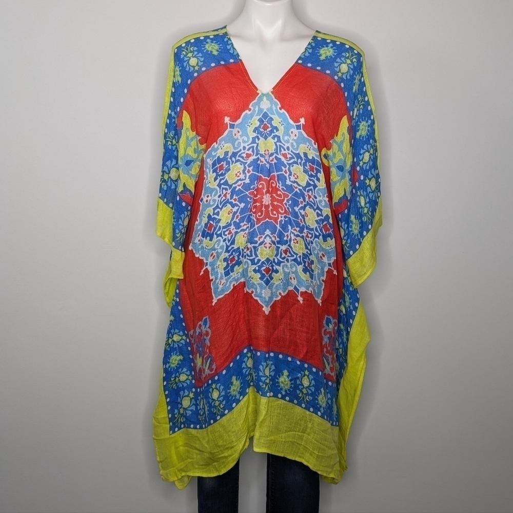 J McLaughlin red blue yellow kaleidoscope linen blend swim cover M/L